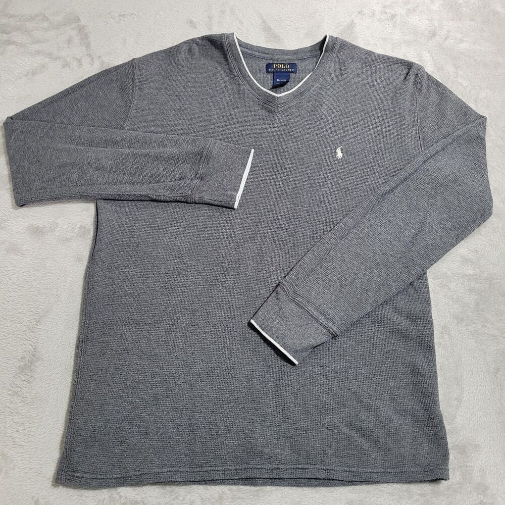 Polo Ralph Lauren Sweater Mens XL Gray Waffle Knit V Neck Long Sleeve Cotton
